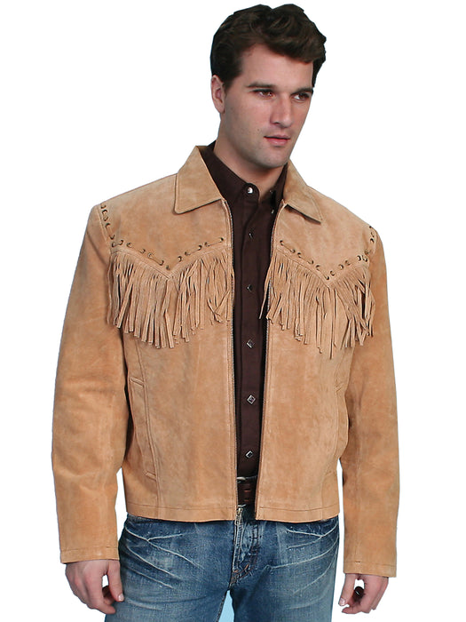 Scully Leather Mens Western Boar Suede Fringe Jacket Bourbon