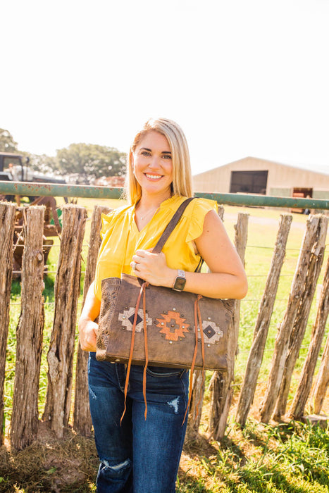 American West Womens Navajo Soul CC Distressed Charcoal Leather Handbag Bag