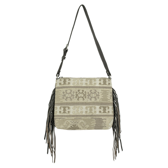 American West Womens Woven Tapestry Zip Top Grey Leather Handbag Bag