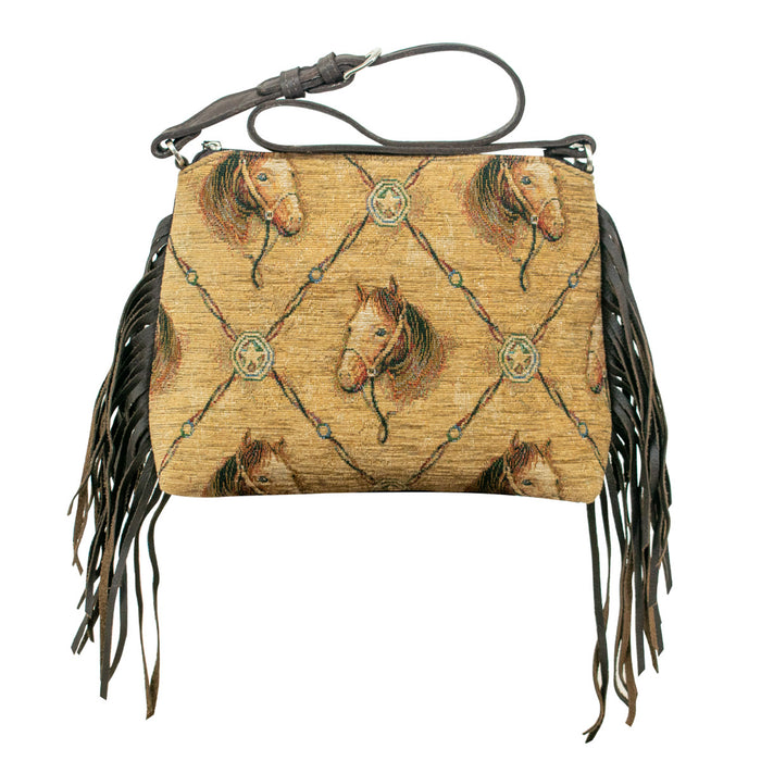 American West Womens Woven Tapestry Horses Tan Leather Handbag Bag