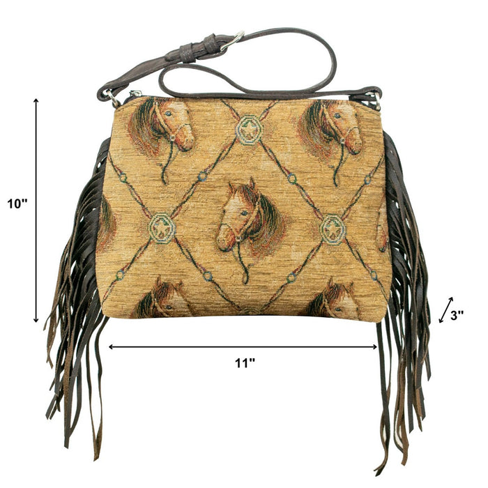 American West Womens Woven Tapestry Horses Tan Leather Handbag Bag