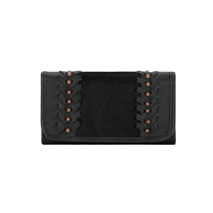 American West Womens Cow Town Black Hair-On Leather Trifold Wallet