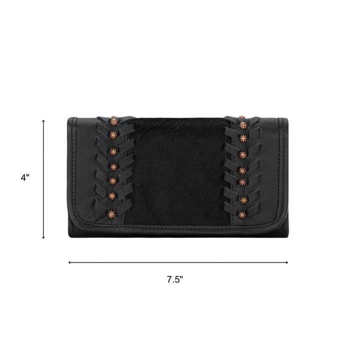 American West Womens Cow Town Black Hair-On Leather Trifold Wallet