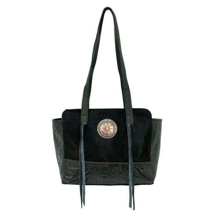 American West Womens Cow Town Secret Black Hair-On Leather Handbag Bag