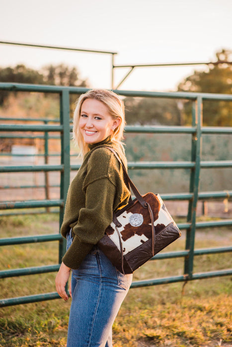 American West Womens Cow Town 11in CC Pony Hair-On Leather Shoulder Tote Bag