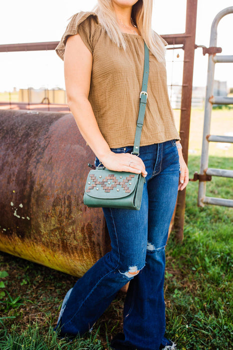 American West Womens Tribal Weave Light Turquoise Leather Crossbody Bag