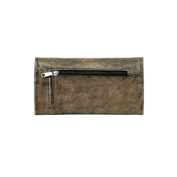 American West Womens Tribal Weave Distressed Charcoal Leather Trifold Wallet