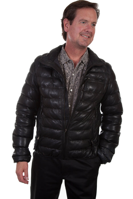 Scully Mens Ribbed Puffer Black Leather Leather Jacket