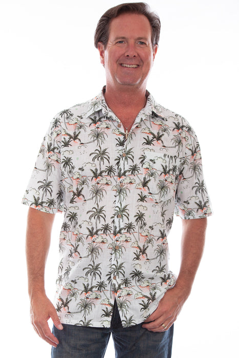 Scully Mens White 100% Cotton Hawaiian Palm S/S Shirt