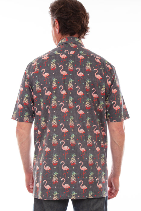 Scully Mens Black 100% Cotton Hawaiian Flamingo S/S Shirt