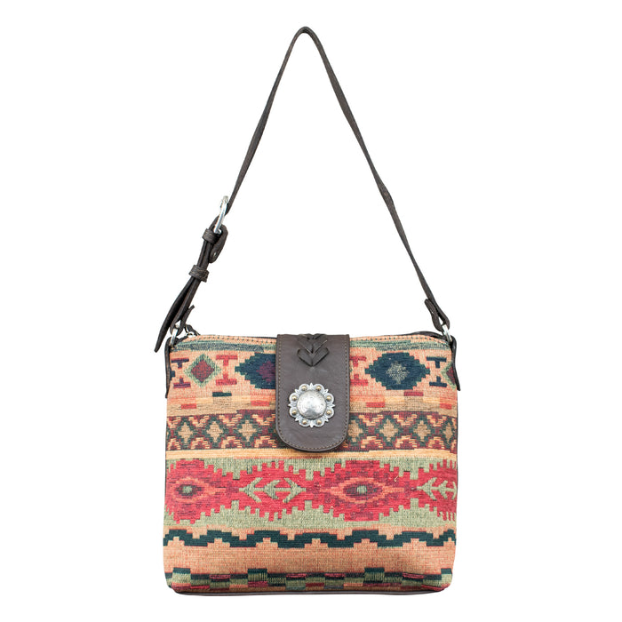 American West Womens Santa Fe Tapestry Multi-Color Leather Zip Top Handbag Bag