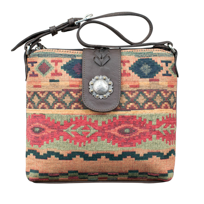 American West Womens Santa Fe Tapestry Multi-Color Leather Zip Top Handbag Bag