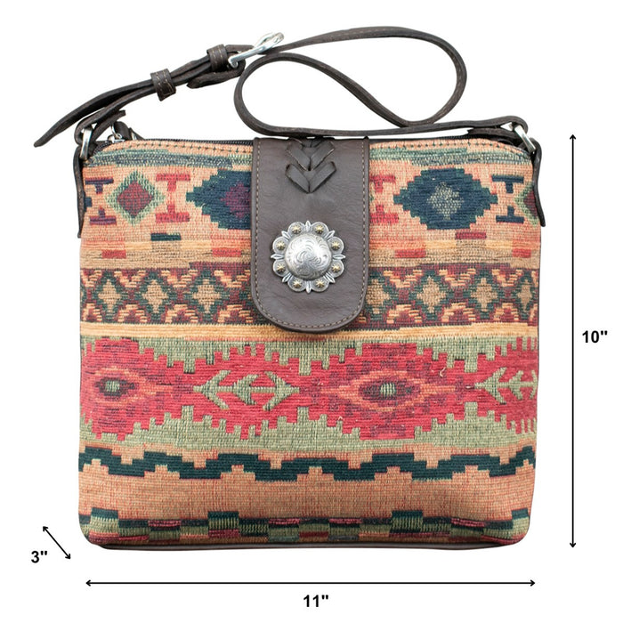 American West Womens Santa Fe Tapestry Multi-Color Leather Zip Top Handbag Bag