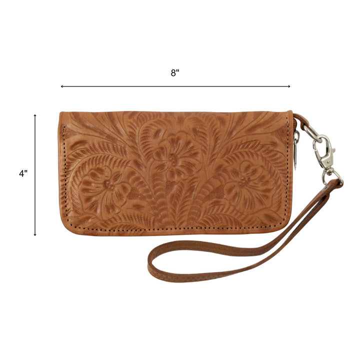 American West Womens Hand Tooled Natural Tan Leather Zip Around Wallet