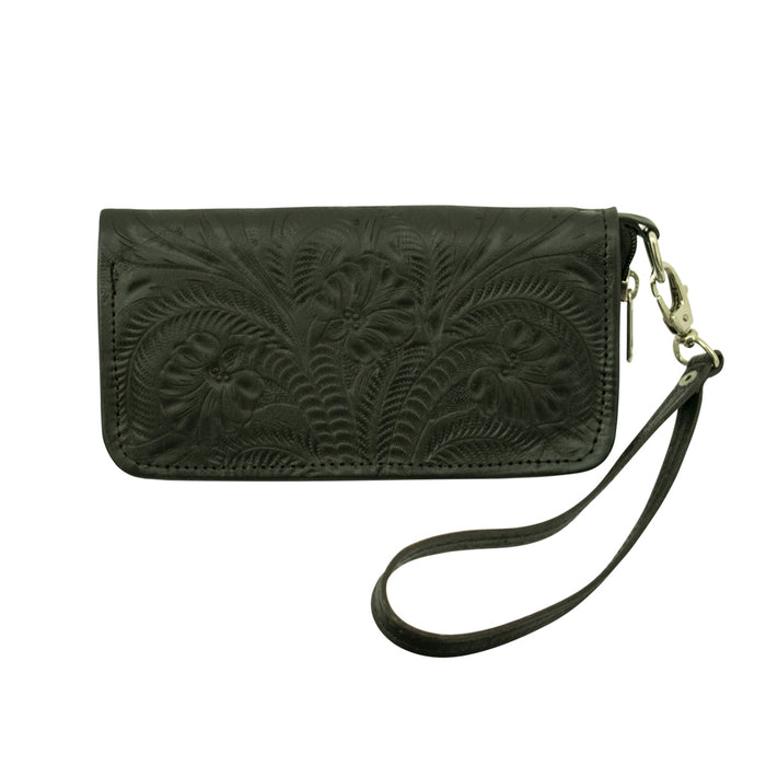 American West Womens Hand Tooled Black Leather Zip Around Wallet