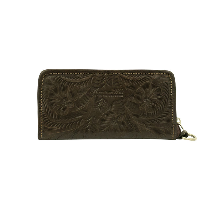 American West Womens Hand Tooled Chocolate Brown Leather Zip Around Wallet