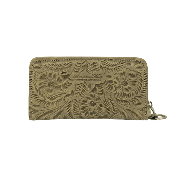 American West Womens Hand Tooled Sand Leather Trifold Wallet