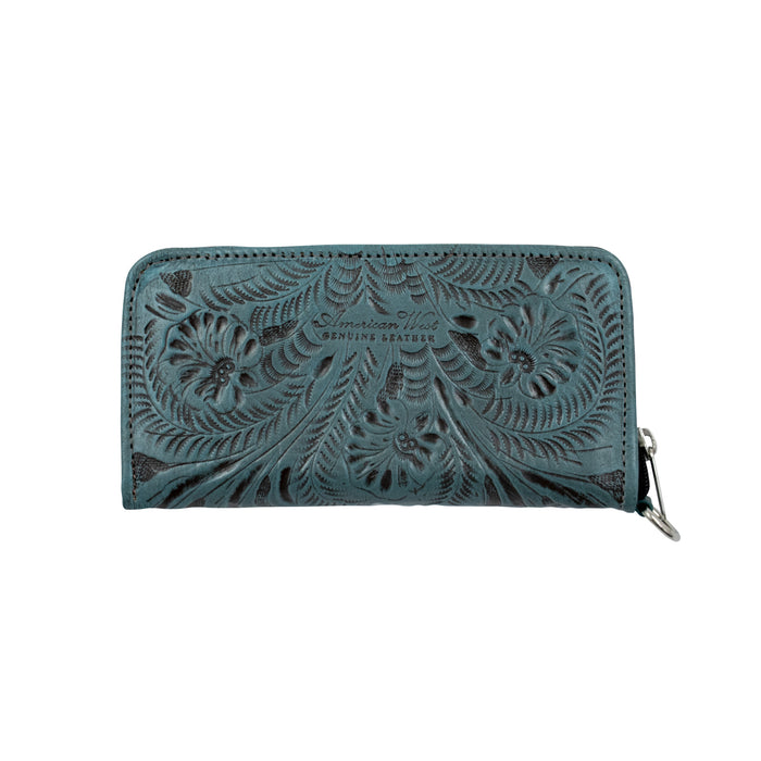 American West Womens Hand Tooled Denim Blue Leather Zip Around Wallet