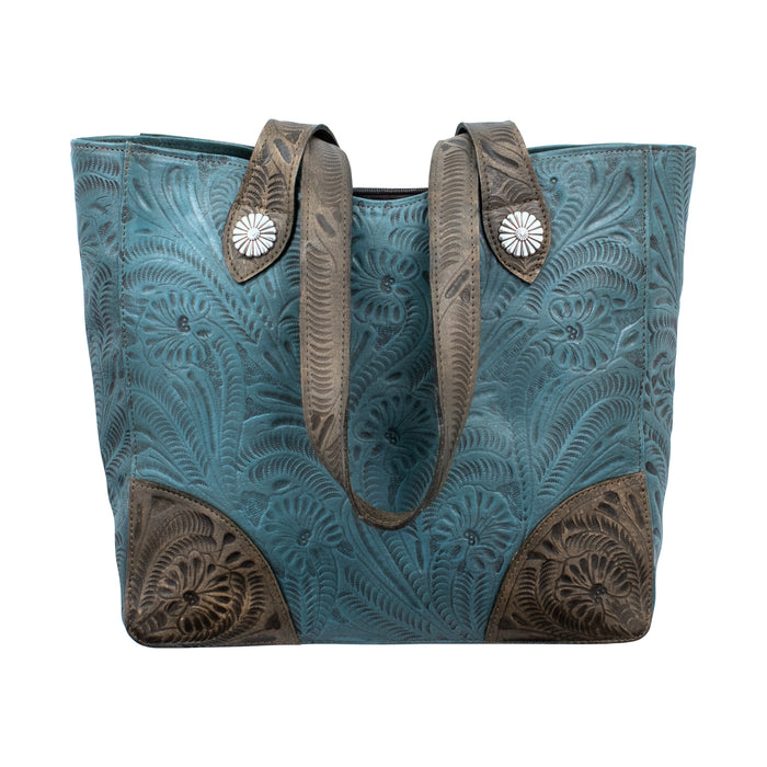 American West Womens Annies Secret Collection Zip Denim Blue Leather Tote Bag