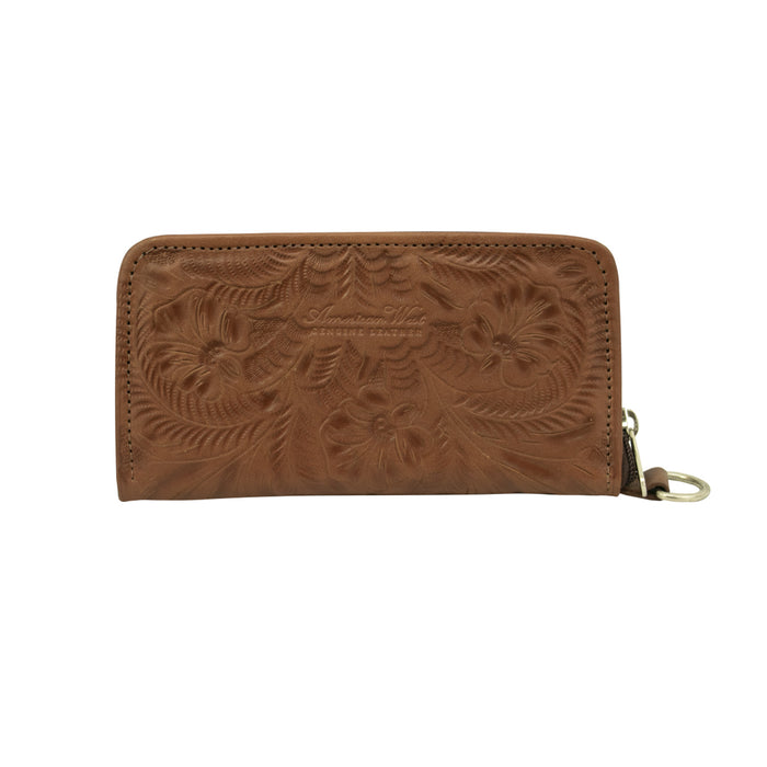 American West Womens Hand Tooled Medium Brown Leather Zip Around Wallet