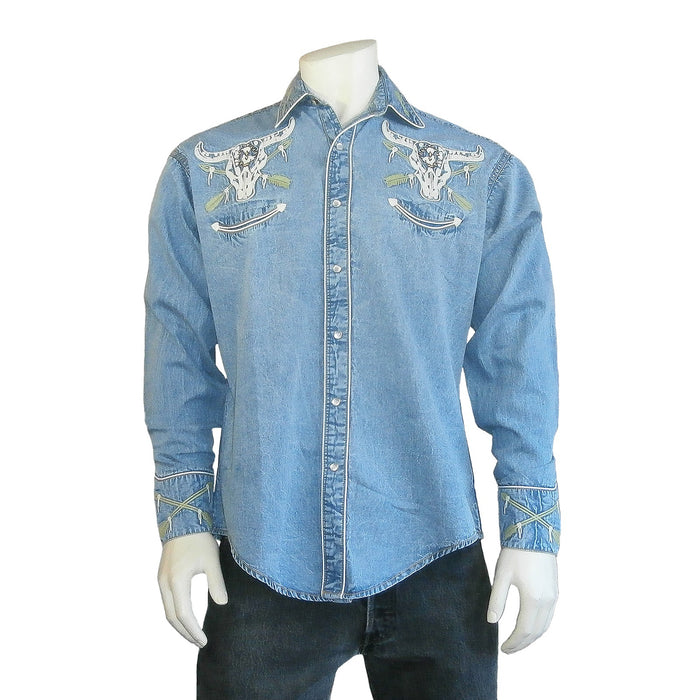 Rockmount Mens Denim 100% Cotton Vintage Denim Steer Skull L/S Shirt