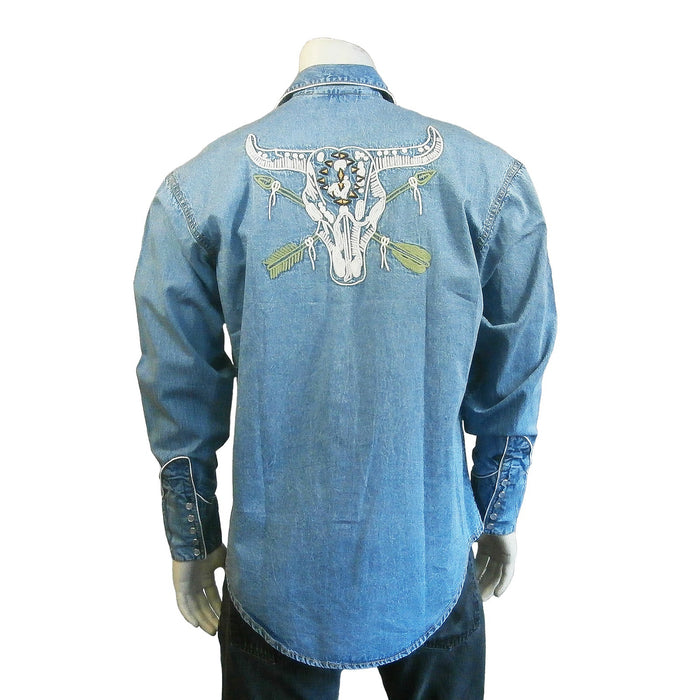 Rockmount Mens Denim 100% Cotton Vintage Denim Steer Skull L/S Shirt