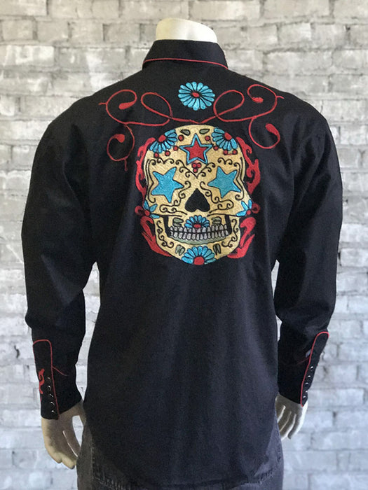 Rockmount Mens Black 100% Cotton Sugar Skull Vintage L/S Shirt