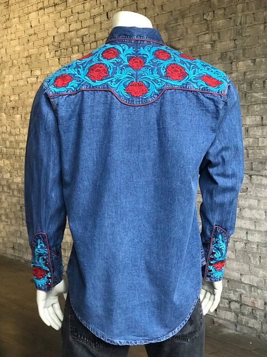 Rockmount Mens Denim 100% Cotton Red Floral Turquoise Western L/S Shirt