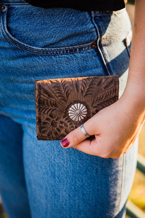 American West Womens Small Concho Distressed Charcoal Leather Trifold Wallet