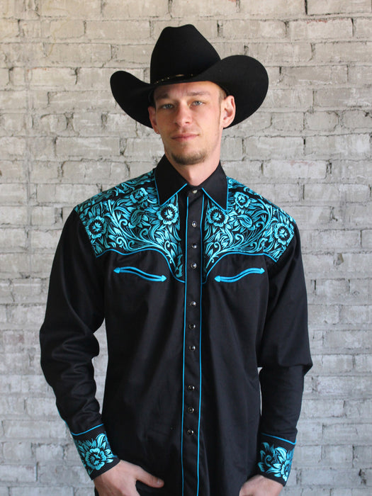 Rockmount Mens Black/Turquoise 100% Cotton Vintage Tooling Western L/S Shirt