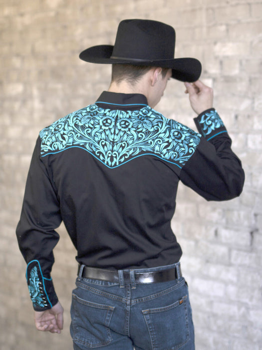 Rockmount Mens Black/Turquoise 100% Cotton Vintage Tooling Western L/S Shirt