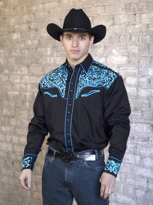 Rockmount Mens Black/Turquoise 100% Cotton Vintage Tooling Western L/S Shirt