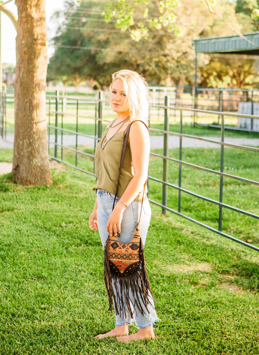 American West Womens Fringed Cowgirl Woven Tapestry Leather Crossbody Bag