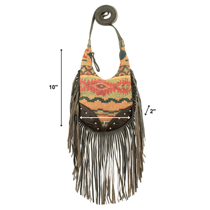 American West Womens Fringed Cowgirl Woven Tapestry Leather Crossbody Bag