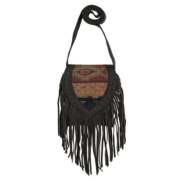 American West Womens Fringed Cowgirl Brown/Woven Tapestry Leather Crossbody Bag