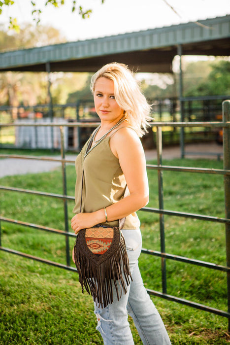 American West Womens Fringed Cowgirl Brown/Woven Tapestry Leather Crossbody Bag