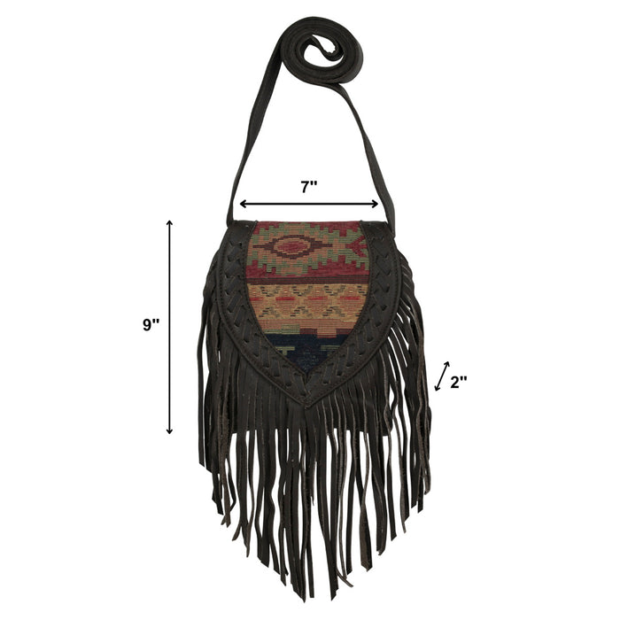 American West Womens Fringed Cowgirl Brown/Woven Tapestry Leather Crossbody Bag