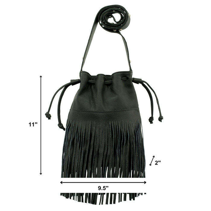 American West Womens Fringed Cowgirl Black Leather Bucket Bag