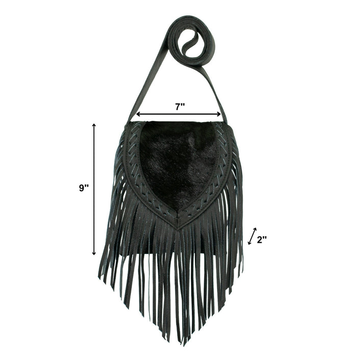 American West Womens Fringed Cowgirl 7in Black Hair-On Leather Crossbody Bag