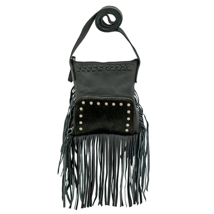 American West Womens Fringed Cowgirl 8in Black Hair-On Leather Crossbody Bag