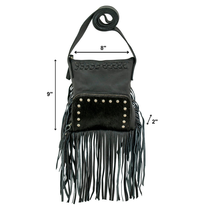 American West Womens Fringed Cowgirl 8in Black Hair-On Leather Crossbody Bag