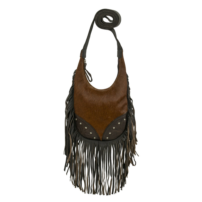 American West Womens Fringed Cowgirl Hobo Brindle Hair-On Leather Crossbody Bag