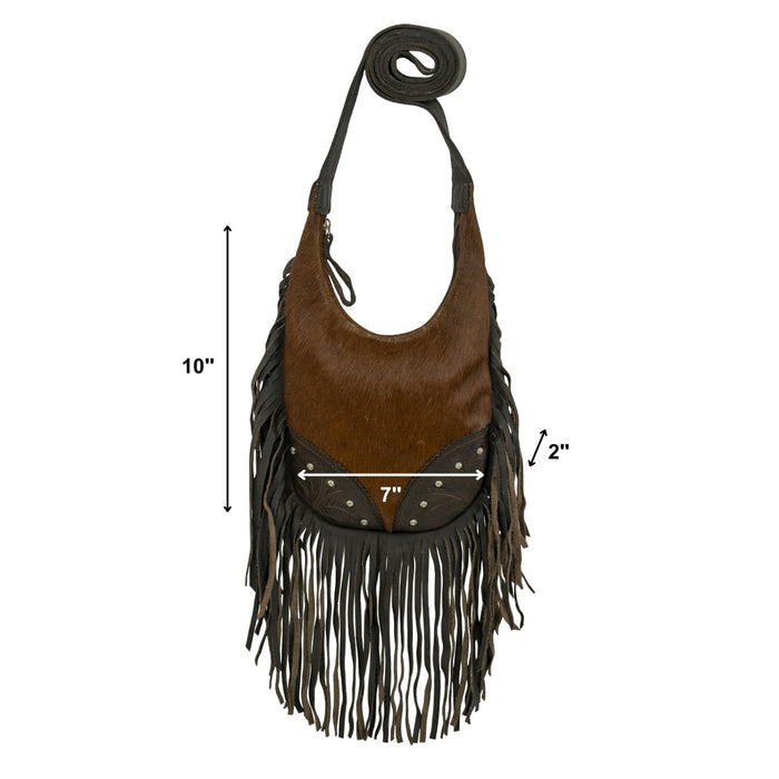 American West Womens Fringed Cowgirl Hobo Brindle Hair-On Leather Crossbody Bag