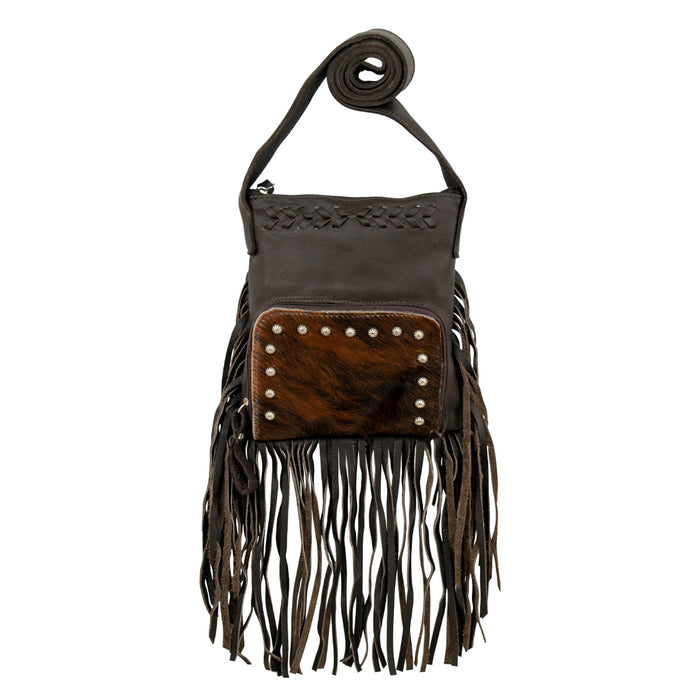 American West Womens Fringed Cowgirl 8in Brindle Hair-On Leather Crossbody Bag