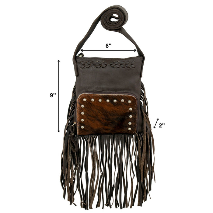 American West Womens Fringed Cowgirl 8in Brindle Hair-On Leather Crossbody Bag