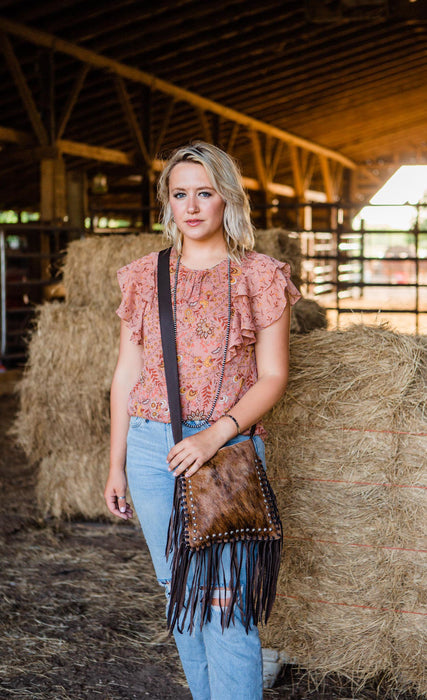 American West Womens Fringed Cowgirl 10in Brindle Hair-On Leather Crossbody Bag