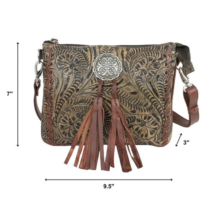 American West Womens Lariats and Lace Distressed Charcoal Leather Crossbody Bag