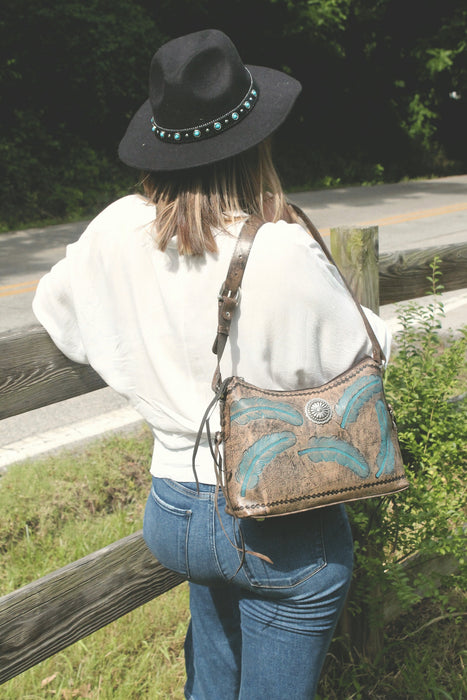 American West Womens Sacred Bird Zip Charcoal/Turquoise Leather Handbag Bag