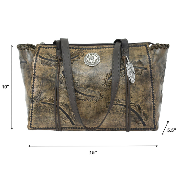 American West Womens Sacred Bird CC Distressed Charcoal Brown Leather Tote Bag