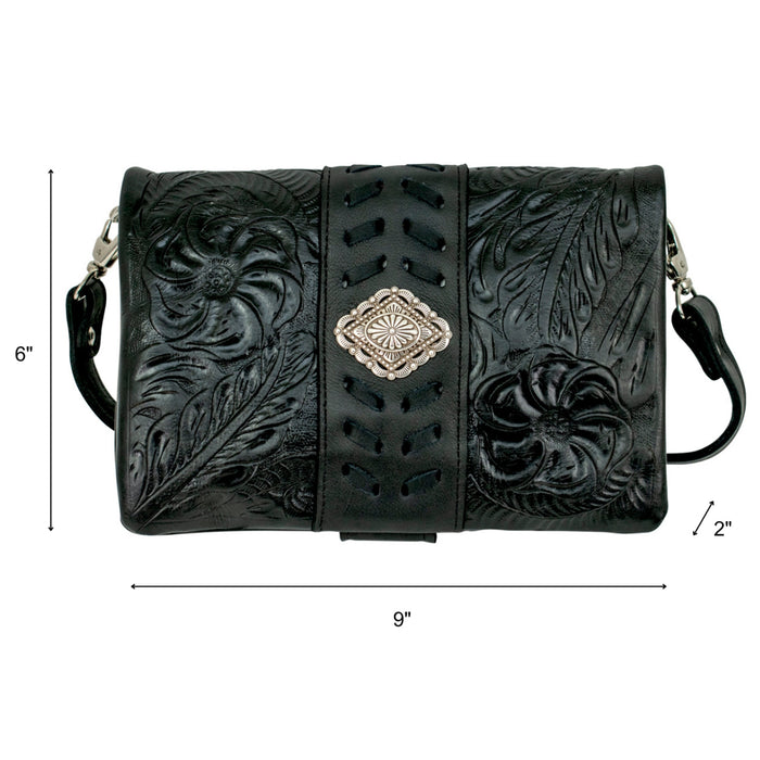 American West Womens Large Grab and Go Black Leather Crossbody Bag